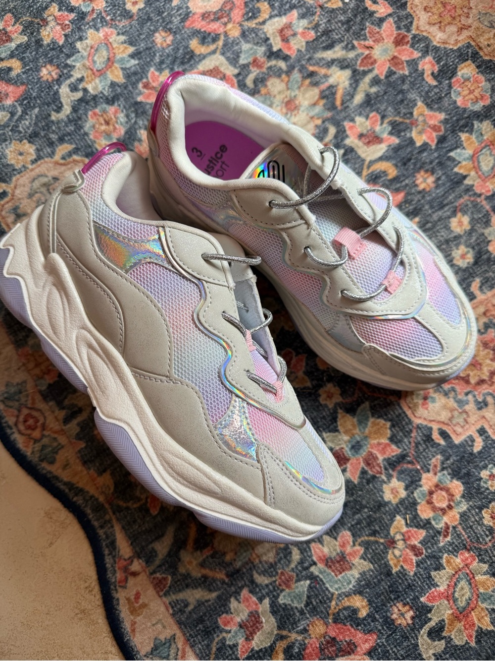 Justice Girls Chunky Iridescent Pink and White Sneakers Size 3